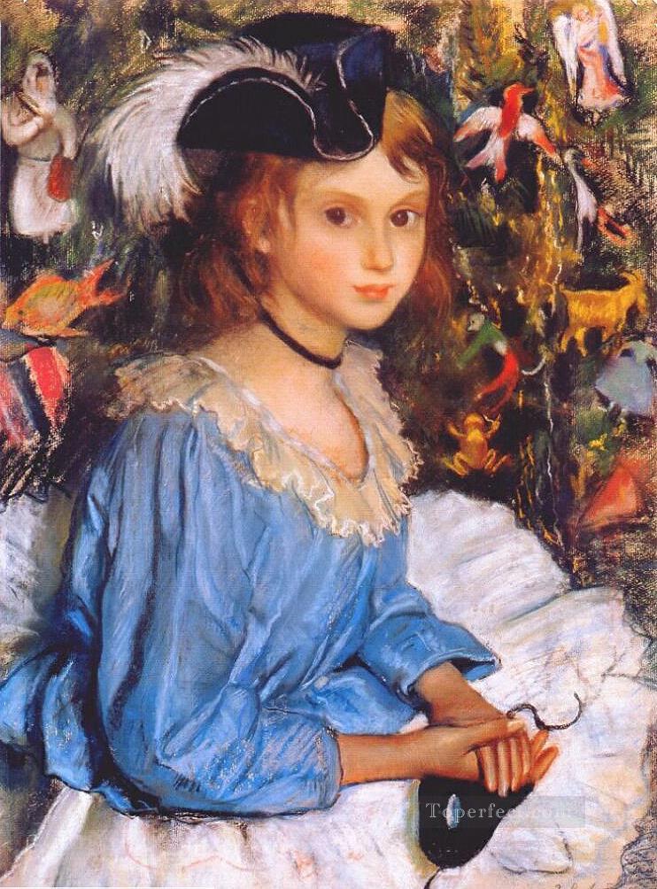 Katya con vestido azul junto al árbol de Navidad ruso Pintura al óleo